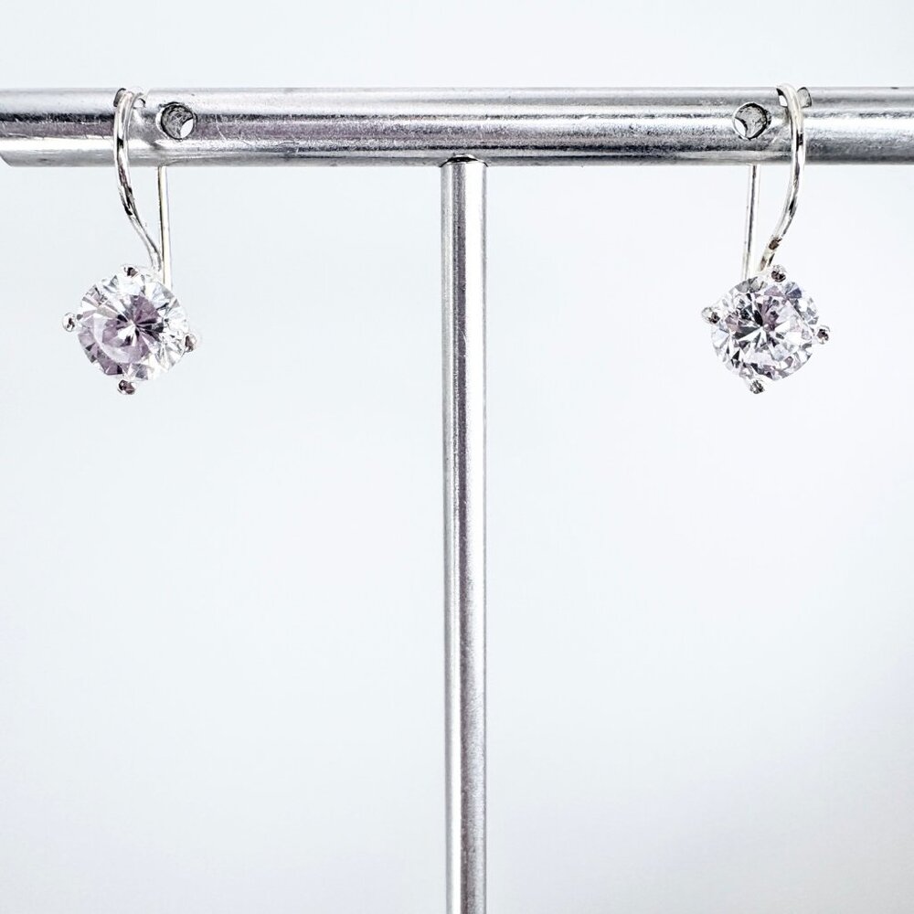 Cubic Zirconia Prong Set Dangle Earrings Sterling Silver 925 Size 0.75" Length
